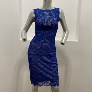 Tadashi Shoji  Mesh embroidered Lace Sheath Dress  Blue Sleeveless  Size 0
